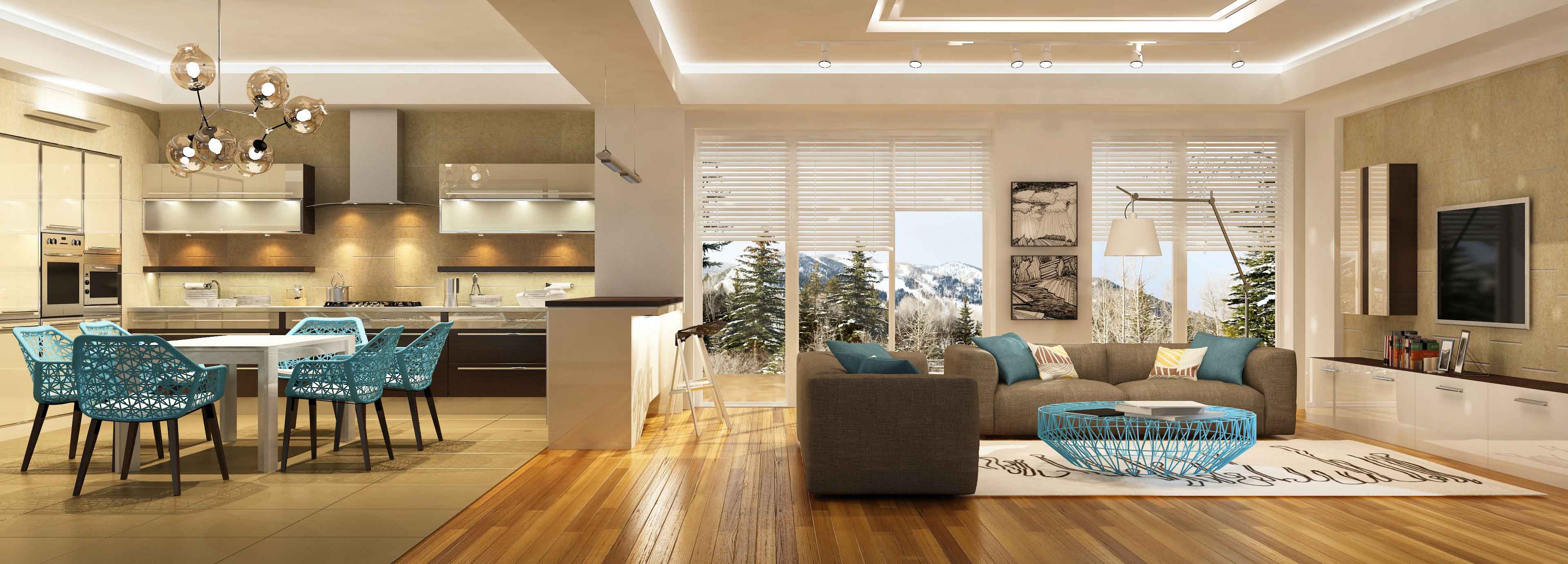 modern living room and kitchen